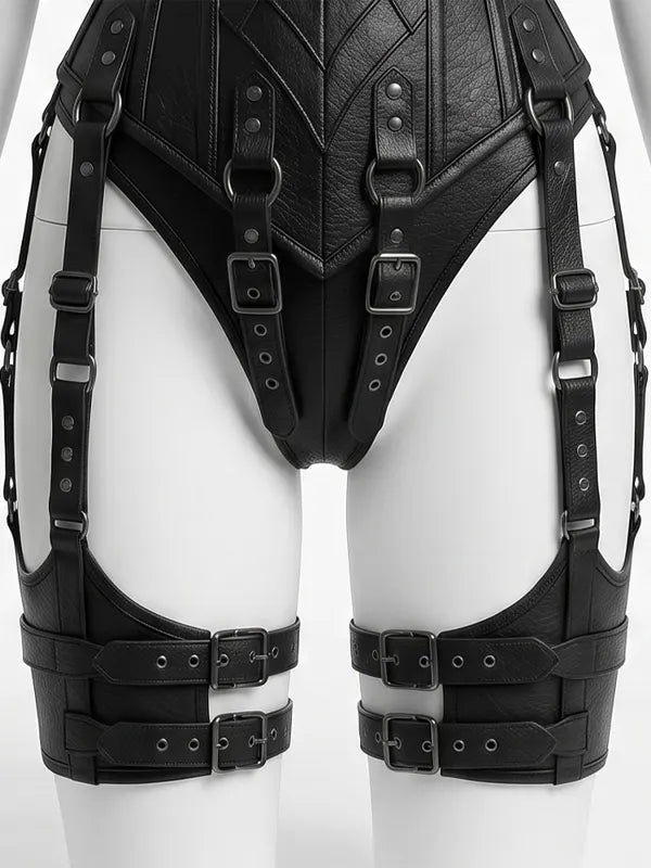Gothic Faux Leather Corset Bodysuit With Bat Wing Armor