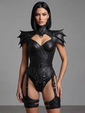Gothic Faux Leather Corset Bodysuit With Bat Wing Armor