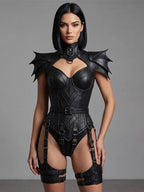 Gothic Faux Leather Corset Bodysuit With Bat Wing Armor