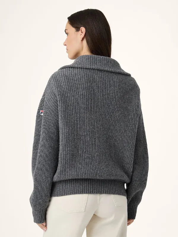 Grey Rib-Knit Full-Zip Sweater Jacket