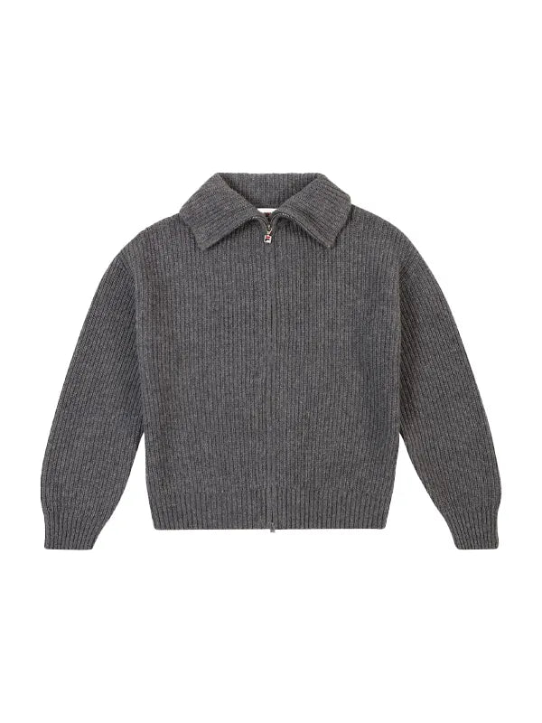 Grey Rib-Knit Full-Zip Sweater Jacket