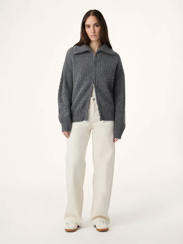 Grey Rib-Knit Full-Zip Sweater Jacket