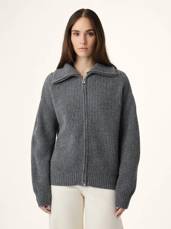 Grey Rib-Knit Full-Zip Sweater Jacket