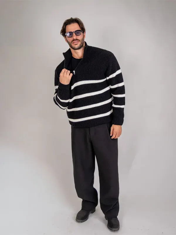 Half-Zip Turn-Down Collar Striped Wool Sweater