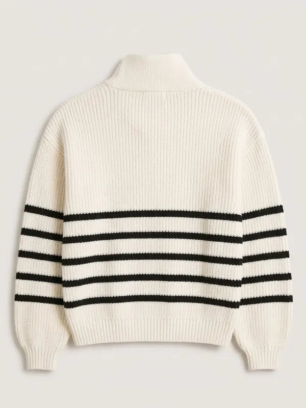 Half-Zip Turn-Down Collar Striped Wool Sweater
