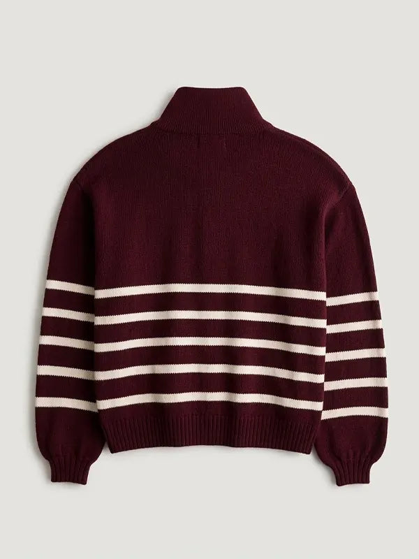Half-Zip Turn-Down Collar Striped Wool Sweater