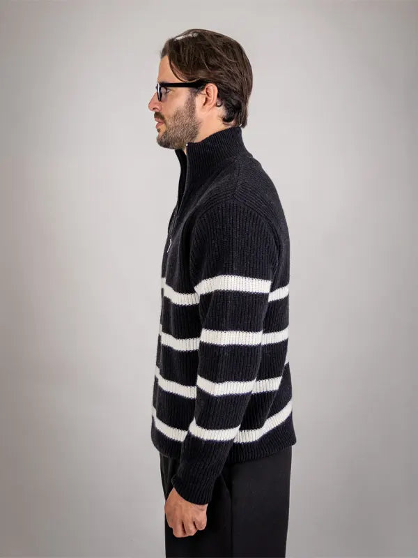 Half-Zip Turn-Down Collar Striped Wool Sweater