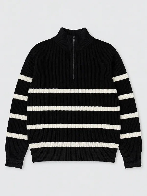 Half-Zip Turn-Down Collar Striped Wool Sweater