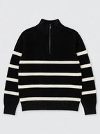 Half-Zip Turn-Down Collar Striped Wool Sweater