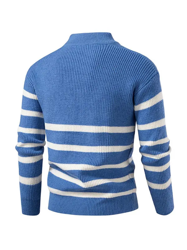 Half-Zip Turn-Down Collar Striped Wool Sweater