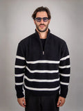 Half-Zip Turn-Down Collar Striped Wool Sweater