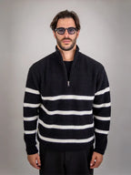 Half-Zip Turn-Down Collar Striped Wool Sweater