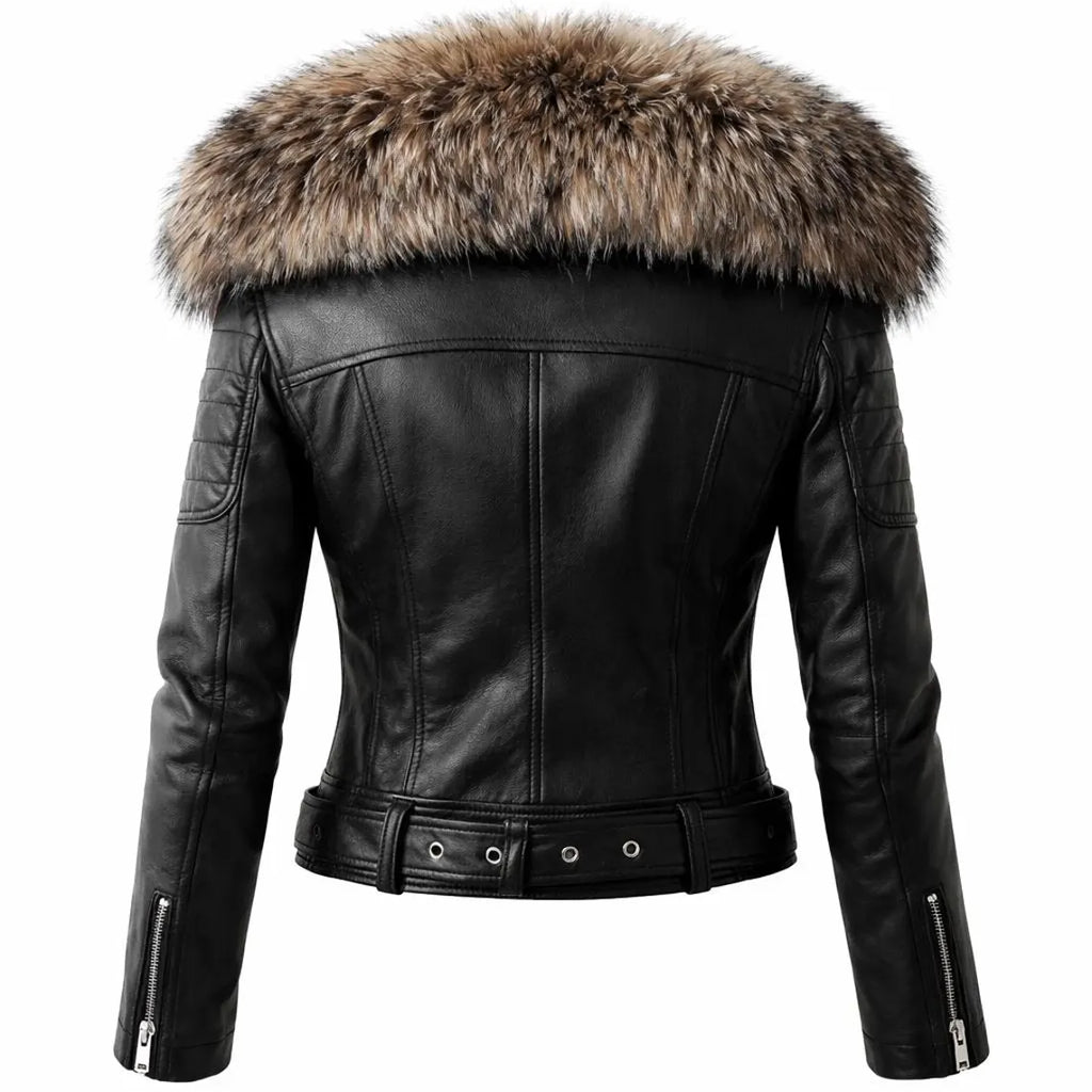 Women's Leather Biker Jacket With Faux-Fur Collar And Belt