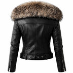 Women's Leather Biker Jacket With Faux-Fur Collar And Belt