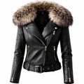 Women's Leather Biker Jacket With Faux-Fur Collar And Belt