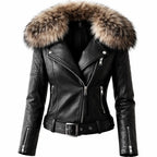 Women's Leather Biker Jacket With Faux-Fur Collar And Belt