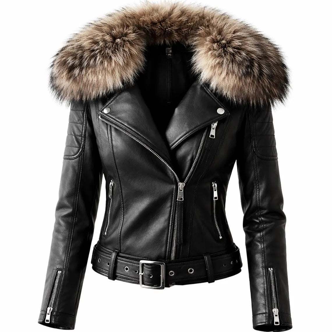 Women's Leather Biker Jacket With Faux-Fur Collar And Belt