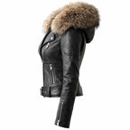 Women's Leather Biker Jacket With Faux-Fur Collar And Belt