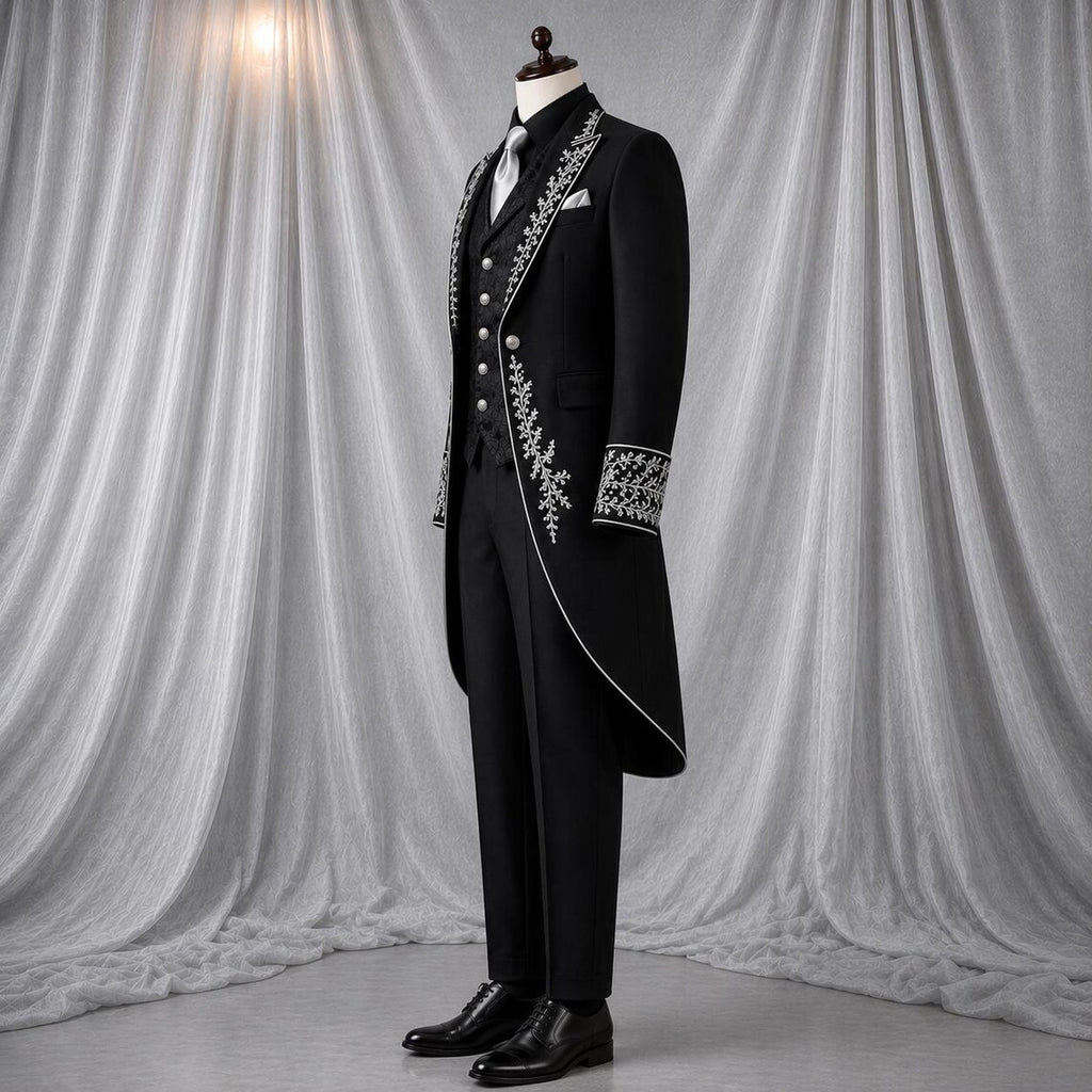 Men's Black Victorian Gothic Tailcoat - Embroidered