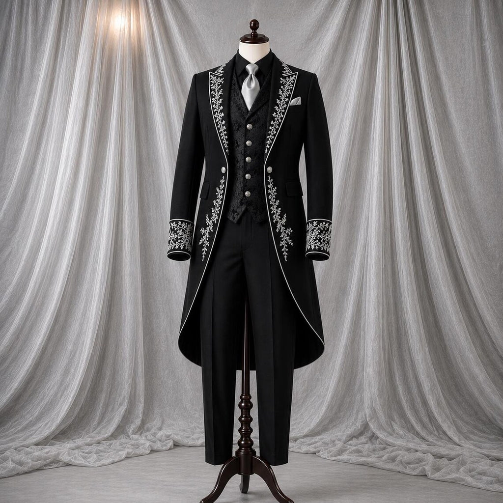 Men's Black Victorian Gothic Tailcoat - Embroidered