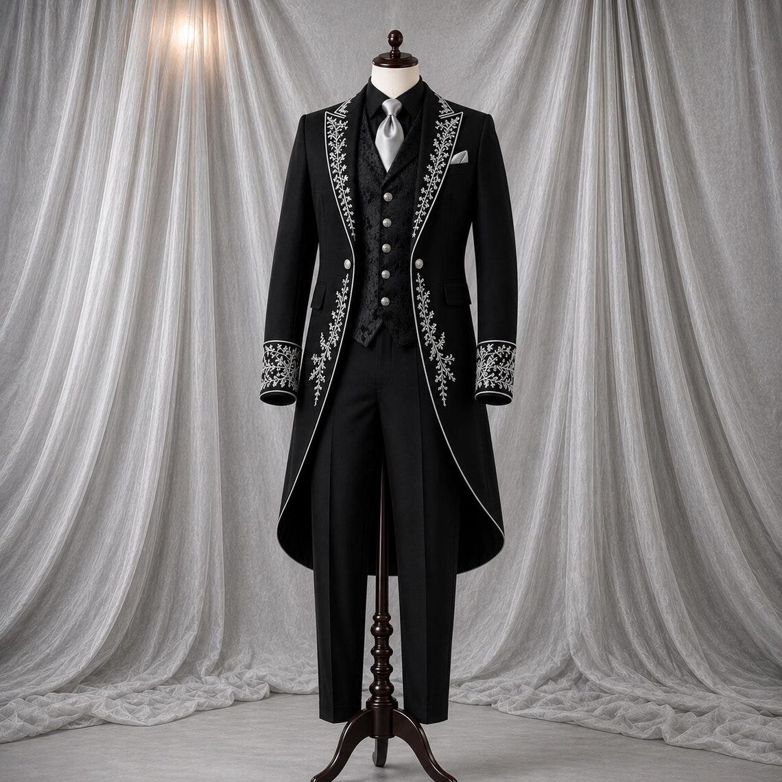 Men's Black Victorian Gothic Tailcoat - Embroidered