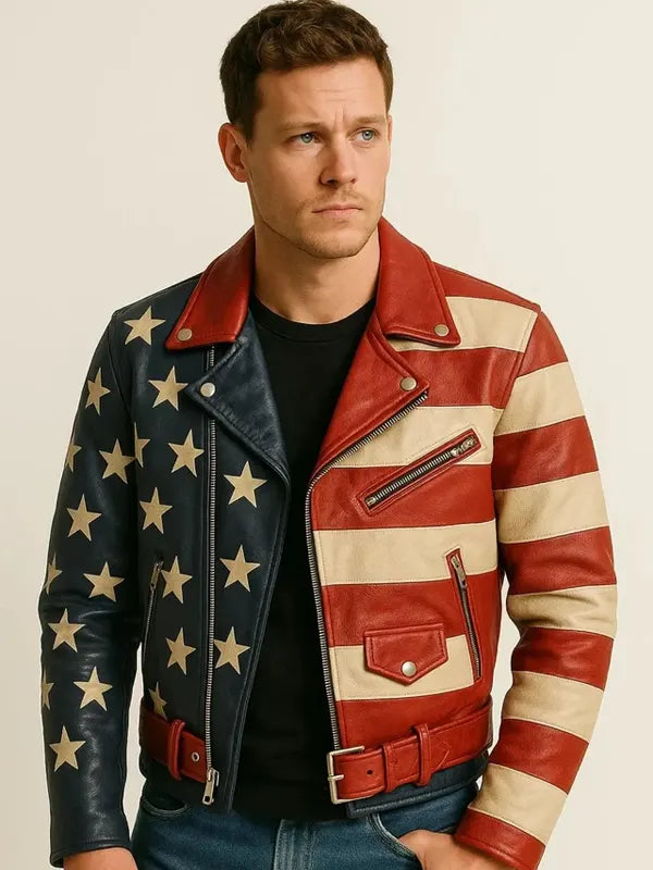 Men's 90s Vintage Stars & Stripes Leather Motorcycle Jacket