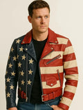 Men's 90s Vintage Stars & Stripes Leather Motorcycle Jacket