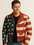 Men's 90s Vintage Stars & Stripes Leather Motorcycle Jacket