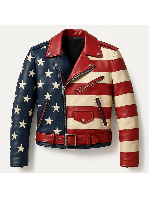 Men's 90s Vintage Stars & Stripes Leather Motorcycle Jacket