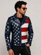 Men's USA Flag Genuine Leather Biker Jacket
