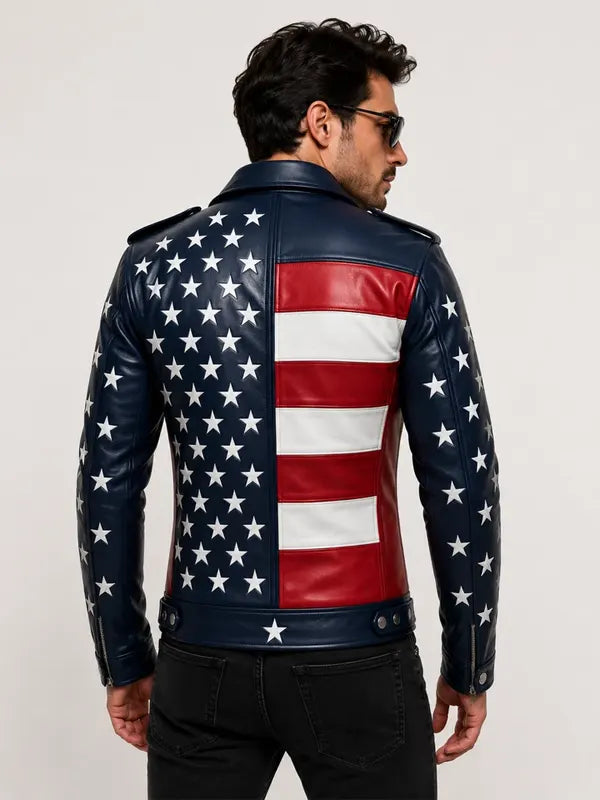 Men's USA Flag Genuine Leather Biker Jacket