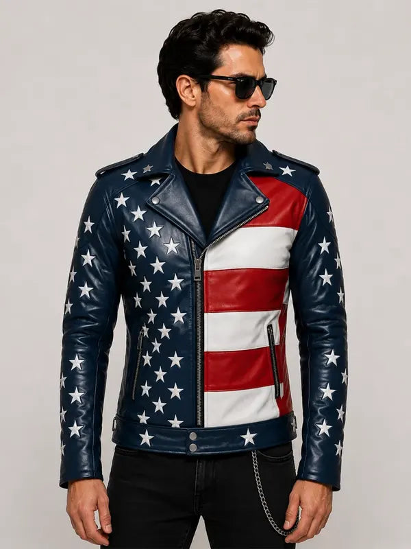 Men's USA Flag Genuine Leather Biker Jacket