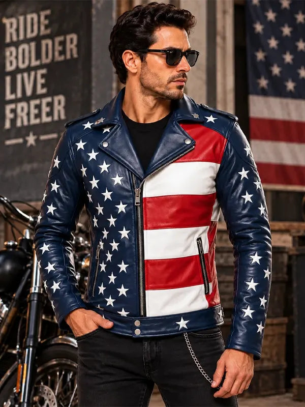 Men's USA Flag Genuine Leather Biker Jacket