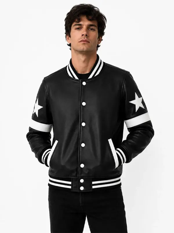 Mens Shiny Black Varsity Leather Jacket