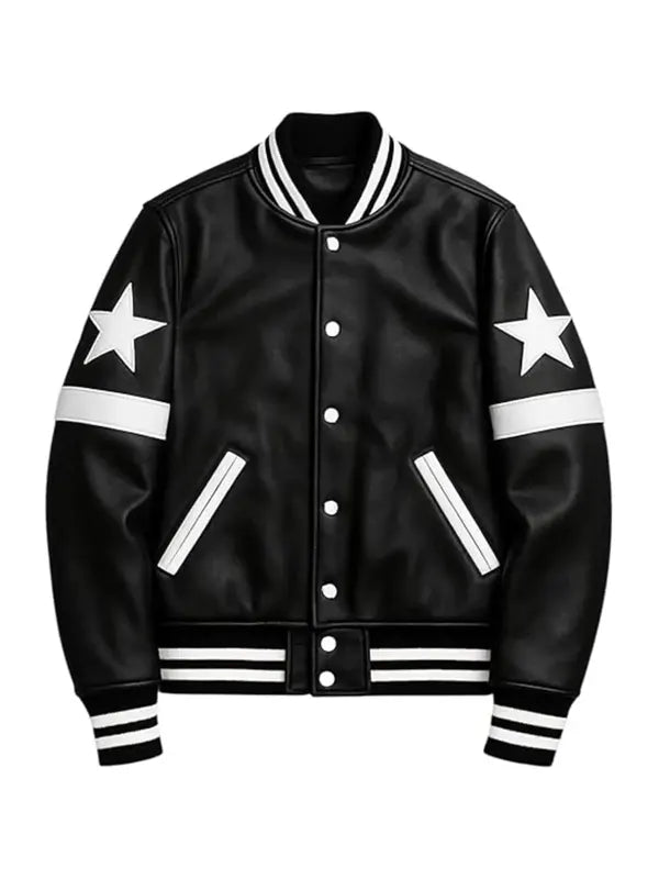 Mens Shiny Black Varsity Leather Jacket