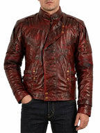Mens Star Lord Maroon Biker Distressed Leather Jacket