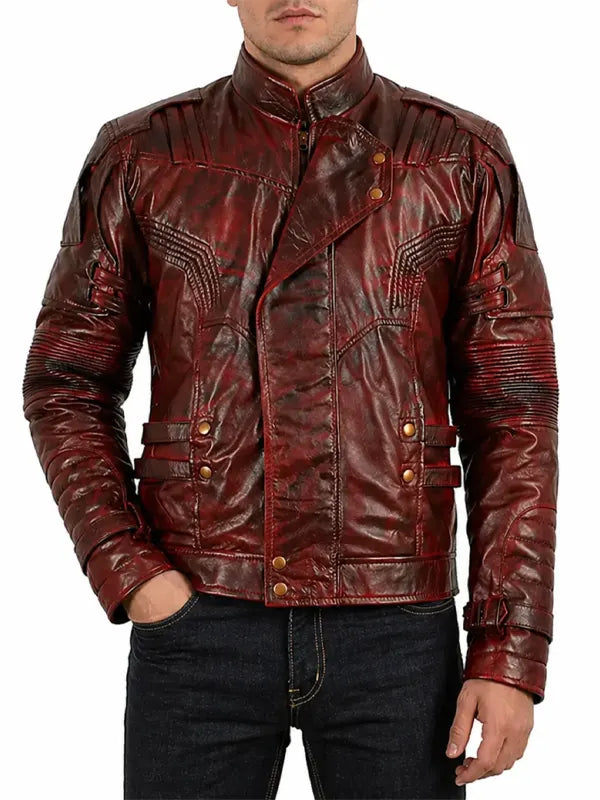 Mens Star Lord Maroon Biker Distressed Leather Jacket
