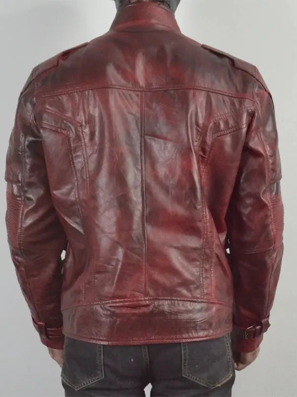 Mens Star Lord Maroon Biker Distressed Leather Jacket