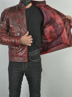Mens Star Lord Maroon Biker Distressed Leather Jacket