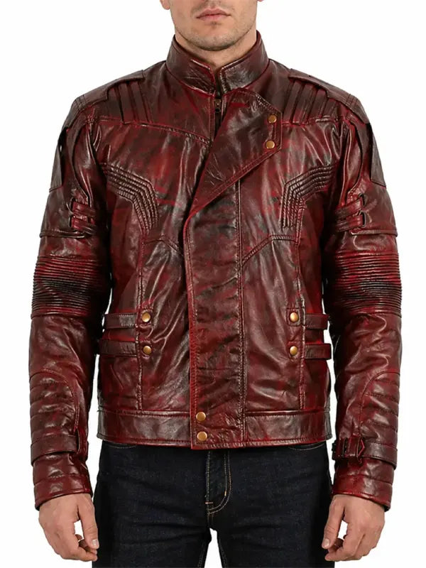 Mens Star Lord Maroon Biker Distressed Leather Jacket