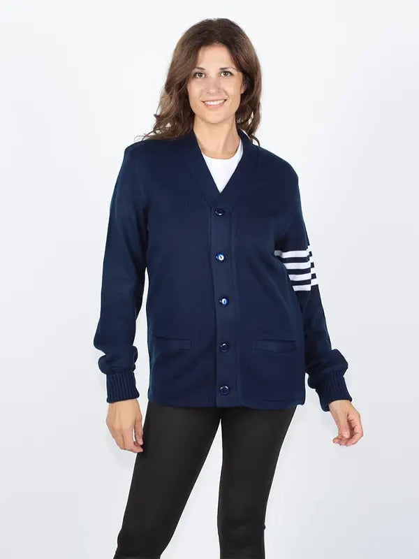Navy Blue Varsity Cardigan With White Sleeve Stripes