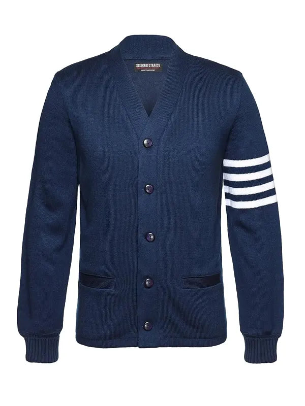 Navy Blue Varsity Cardigan With White Sleeve Stripes