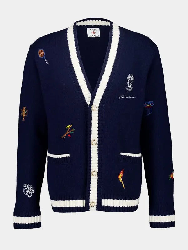 Navy Embroidered Wool-cashmere Cardigan