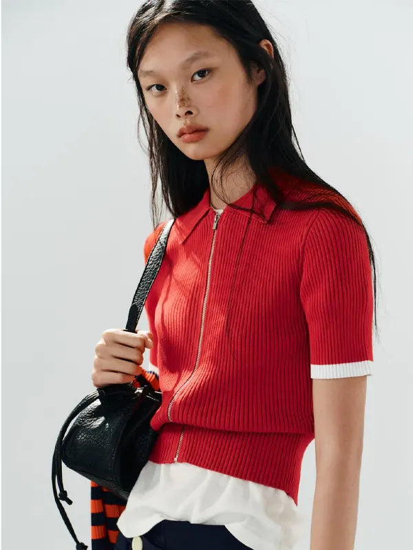 Red Rib-Knit Short Sleeve Cardigan