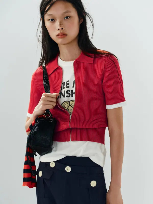 Red Rib-Knit Short Sleeve Cardigan