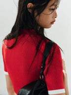Red Rib-Knit Short Sleeve Cardigan