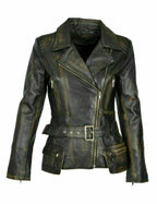 Brando Distressed Women Biker Jacket, Brown Zing Apparel