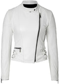 Biker Quilted Leather Leather  Jacket Women, White Zing Apparel