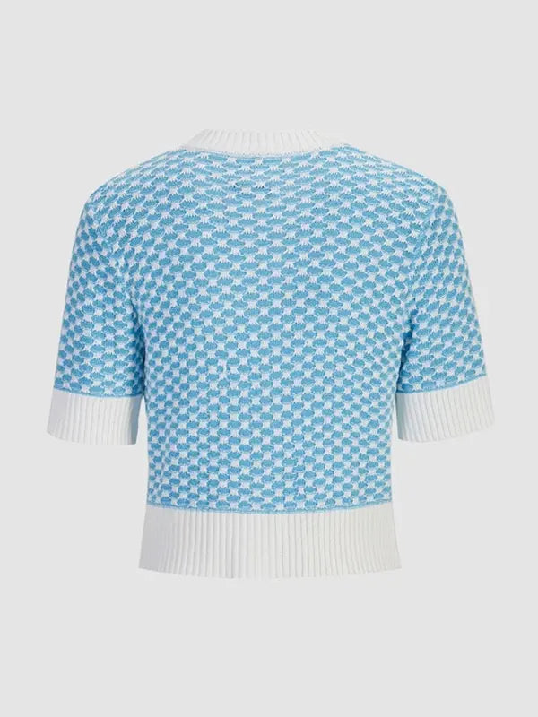 Sky Blue Jacquard Knit Short Sleeve Cardigan