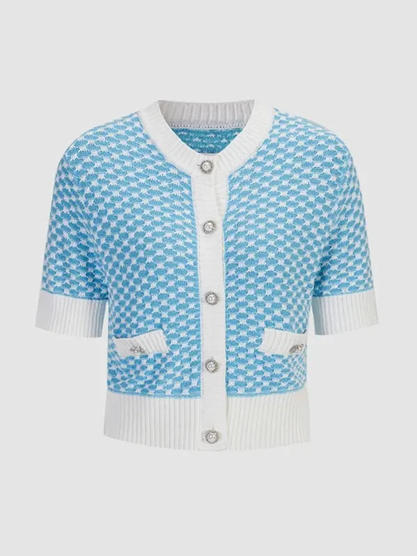 Sky Blue Jacquard Knit Short Sleeve Cardigan